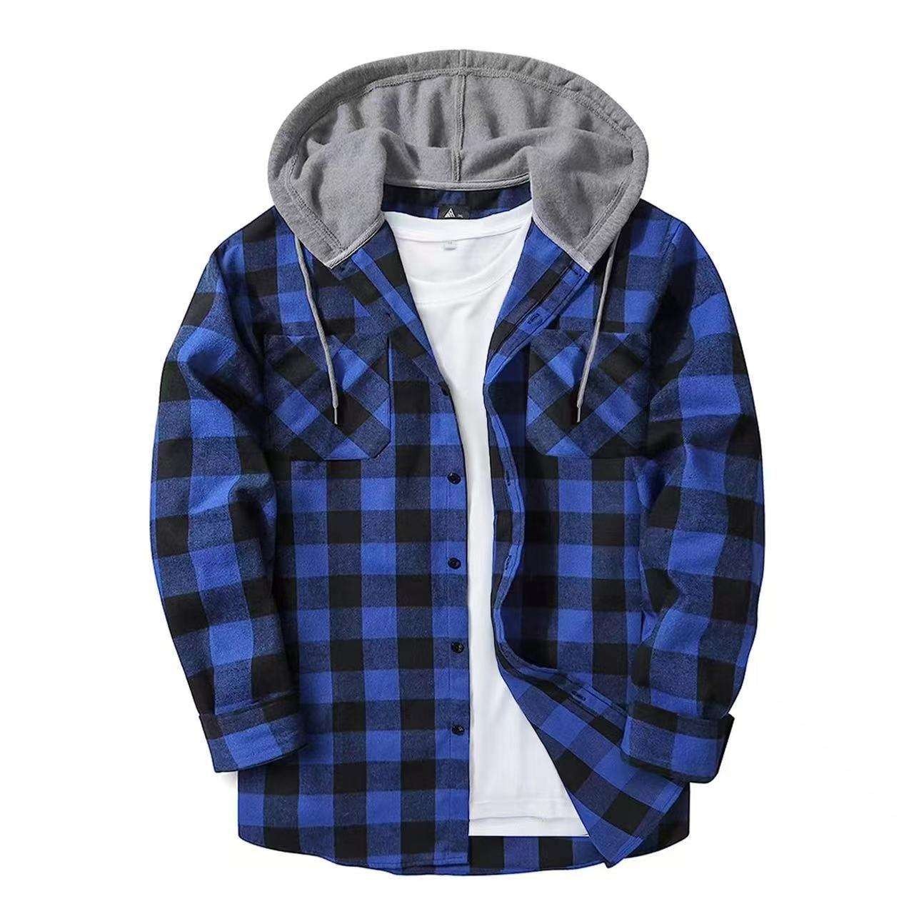 Spring Autumn Men Hooded Shirt Cardigan Plaid Long Sleeve Button Pockets Coat Tops Fashion Men's Clothes Casual Hoodies